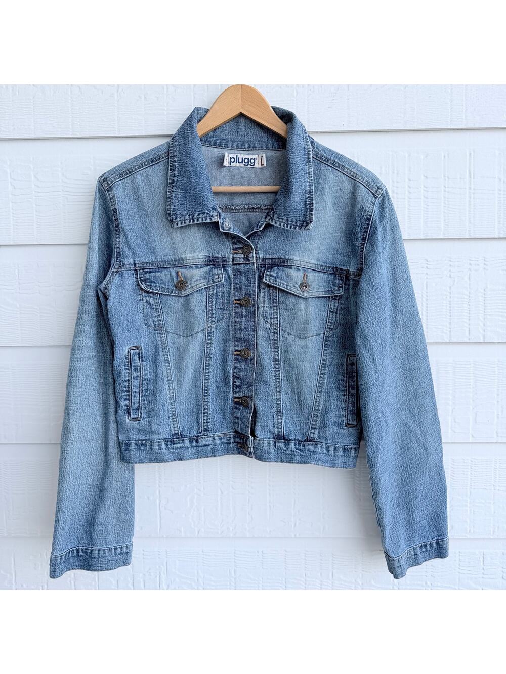 Plugg Y2K Cropped Denim Jacket Large Light Wash Trucker